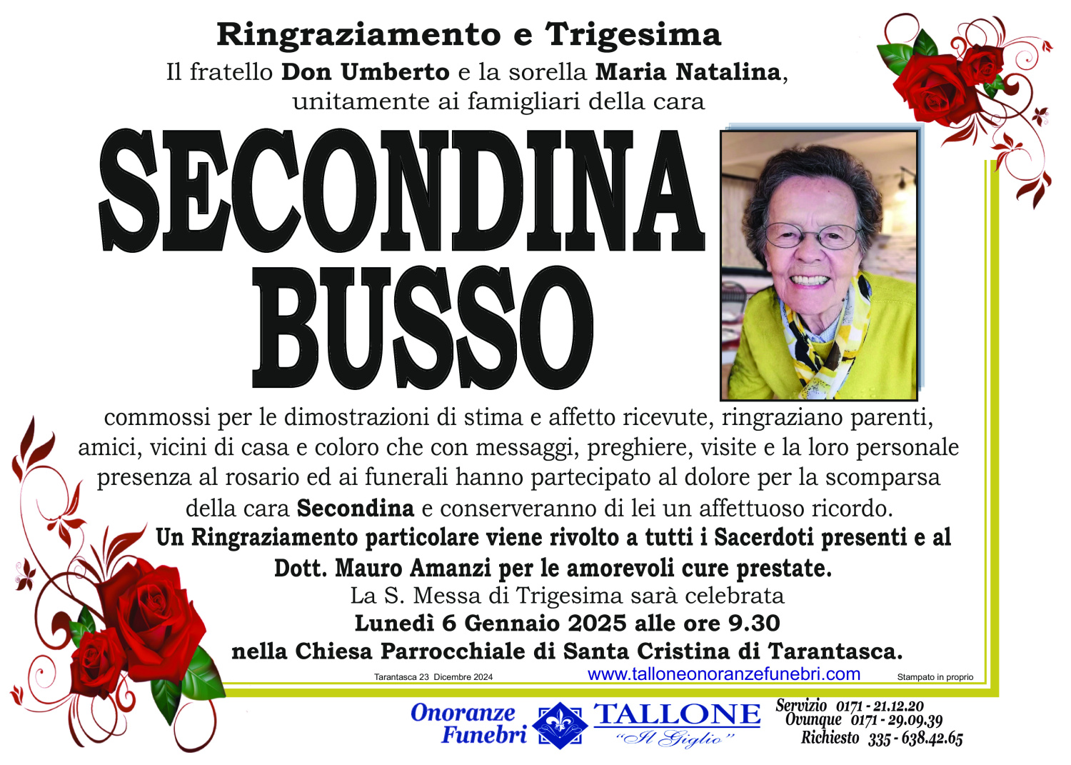 <br />
<b>Warning</b>:  Undefined variable $info in <b>/home/tallone/public_html/ringraziamenti.php</b> on line <b>68</b><br />
Secondina Busso